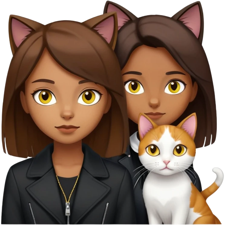 A brown straight-haired girl wearing black jacket with a white cat with yellow eyes and a calico cat emoji