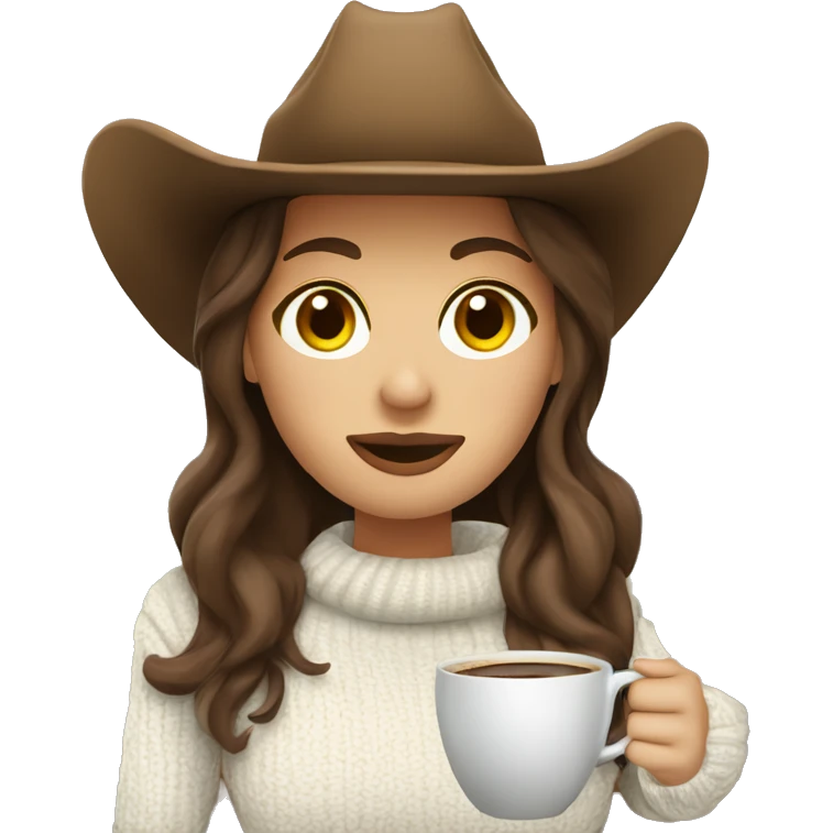 Cozy cowgirl wearing a white sweater and brown cowboy hat sipping coffee. Brunette hair emoji