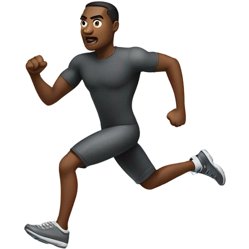 A Black person emoji running towards something, with a determined expression and a forward-leaning posture, conveying urgency and focus. Arms and legs are in motion, emphasizing speed and determination emoji