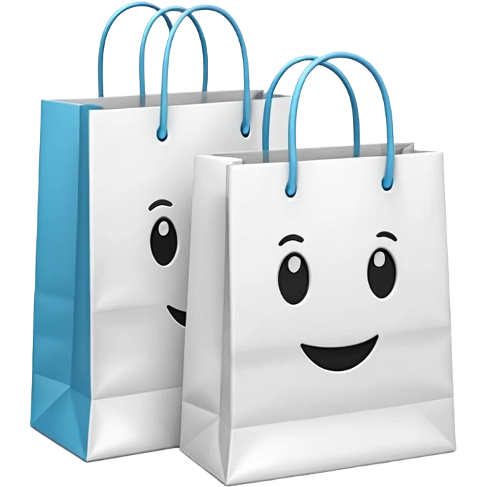 A 3D emoji of two white paper shopping bags, one large and one small, standing next to each other. Soft studio lighting, smooth 3D rendering, claymorphism style, minimalist design, cute, high resolution, isolated on a white background. emoji
