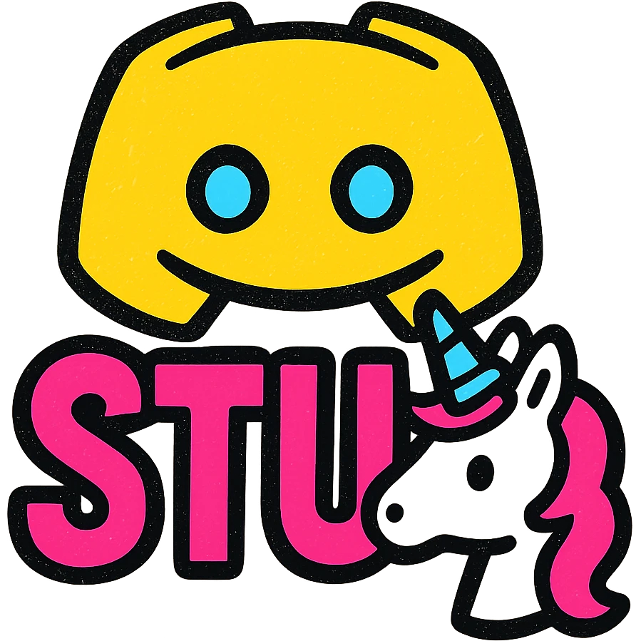 Discord emoji with text 'STU 🦄', modern bold playful style, vibrant colors, fun unicorn element, eye-catching design for Discord server icon or sticker emoji