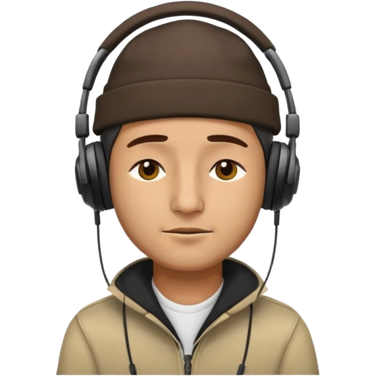 Half body man wearing topi and headphones, eyes closed, realistic emoji style. emoji