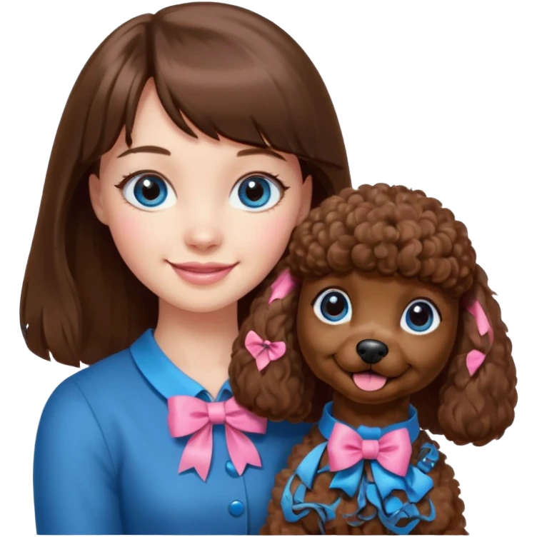 dziewczyna, długie brązowe włosy z grzywką i niebieskie oczy trzyma na rękach brązowego pudelka z różową kokardką emoji