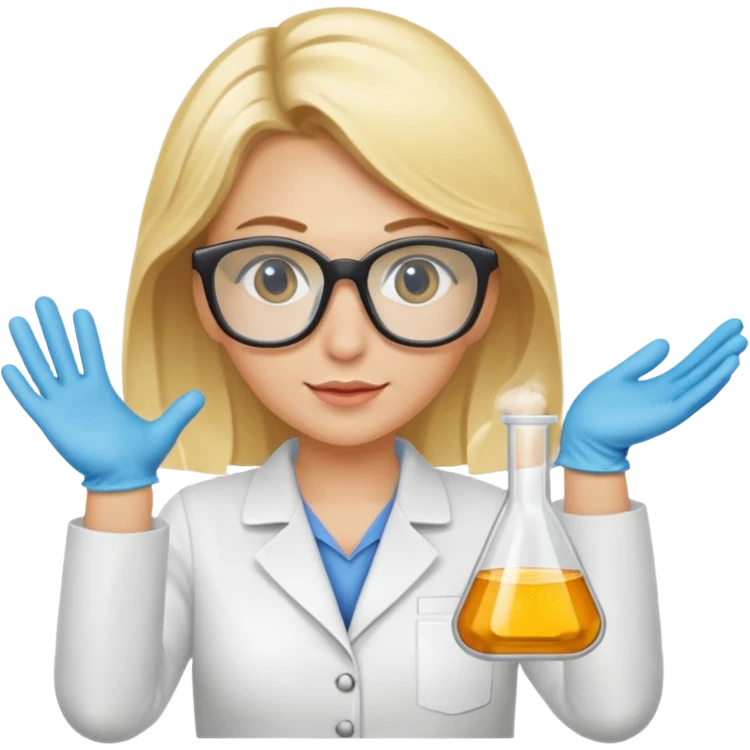 Eine hellblonde Chemikerin mit Kittel, Handschuhen großer Labor-Sicherheitsbrille und typischem Erlmeyerkolben in der Hand emoji
