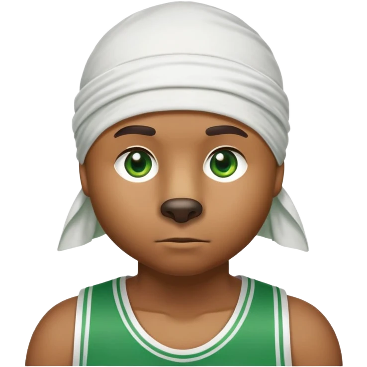 Cool brown bear with green eyes shown to shoulders, white durag, green and white basketball jersey visible on upper chest and shoulders, iOS emoji style emoji