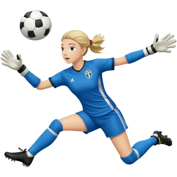 make a girl goalie diving through the air sideways with one soccer ball in both  hands  emoji