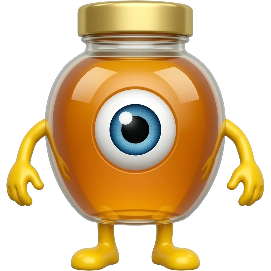 A honey bottle with one single eye and legs and arms with yellow eye emoji