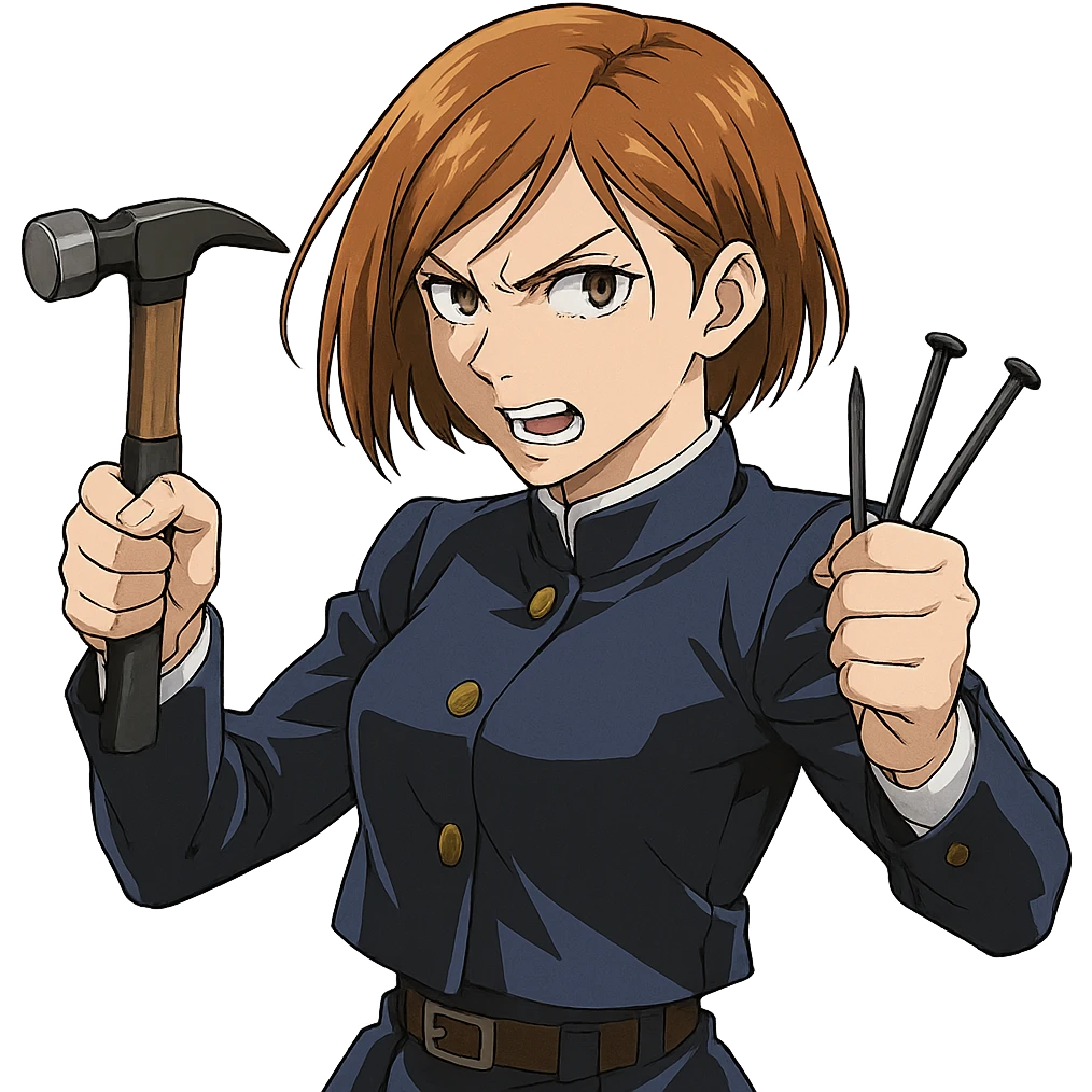Nobara Kugisaki from Jujutsu Kaisen, short brown hair, holding hammer and nails, fierce expression, anime style emoji