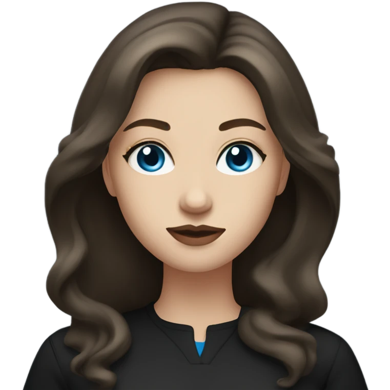 white woman with long mid hair, dark brown hair, blue eyes, round face, uni-lips, wearing a black outfit, stylish. emoji