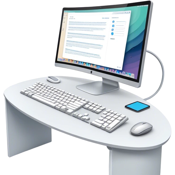 Create an emoji for UX/UI design. Large curved monitor, displaying UX/UI design interface. Include a mouse, keyboard, and stylus, symbolizing the design process. Use modern, professional colors. Do not include any emojis or smiley faces. Make the background transparent. emoji