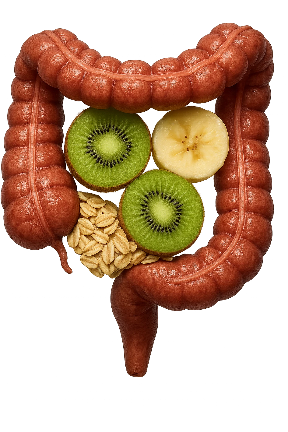 avena, kiwi e banana all'interno di un colon umano anatomico realistico, iperrealistico 4k emoji