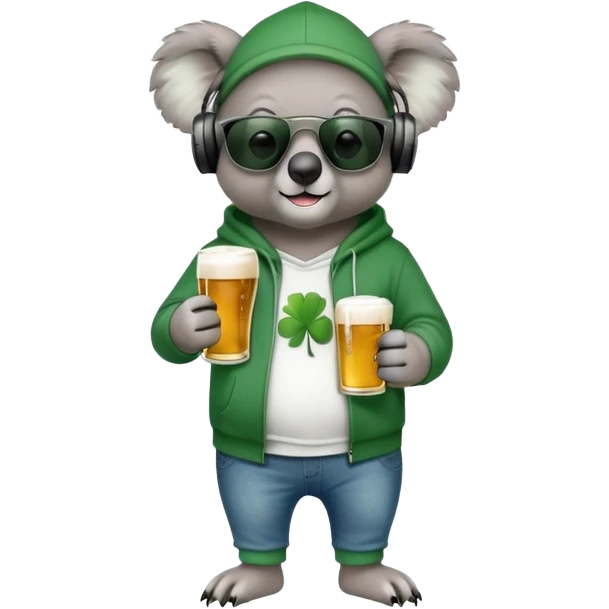 anthropomorphised koala, full body, wearing a hoodie and jeans, dark sunglasses, headphones, dressed for St. Patrick's Day emoji