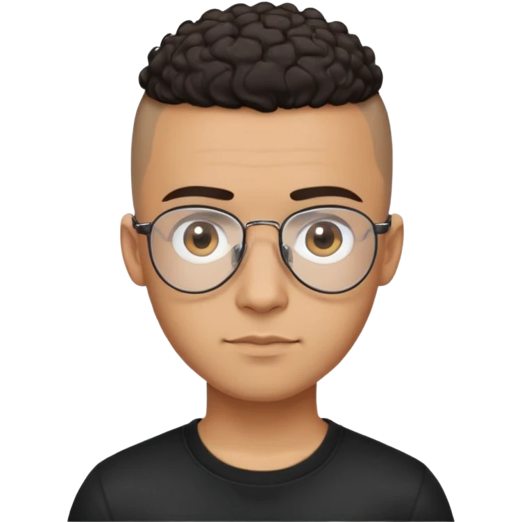 Young Latino man with small oval face and big forehead, clear lens aviator-style eyeglasses with metal frames, completely bald/shaved sides with very short curly dark hair only on top of head, neutral-friendly expression, brown skin, wearing a black t-shirt emoji