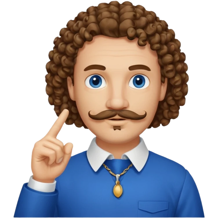 French writer Corneille, brown mi-long curly hair, bold on the forehead, moustache, goatee, dressed with a collar,blue eyes, with the finger up emoji