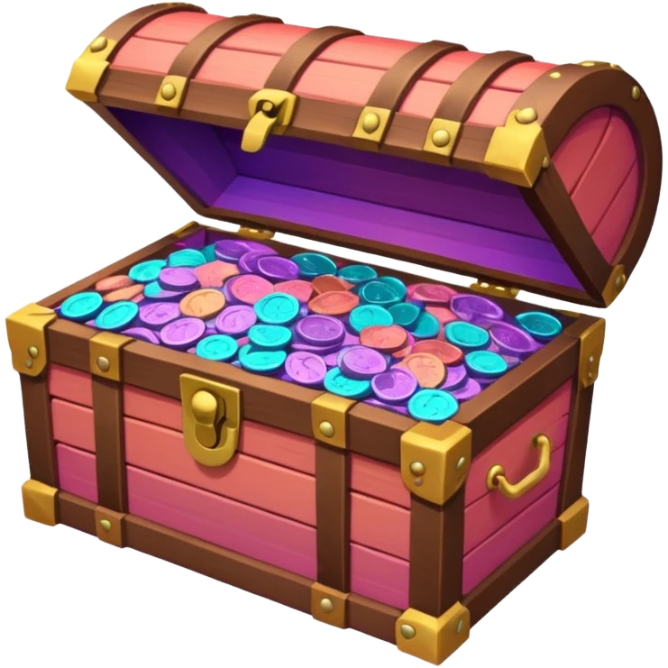 wooden brown treasure chest filled with  coins 
Change coins color in in gradient of turquoise, blue, pink, purple, and coral emoji