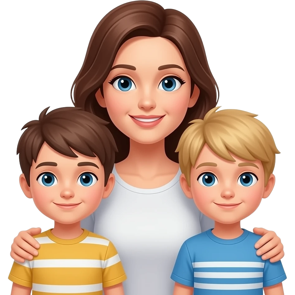 Brown haired mom with brown haired son and blond son emoji