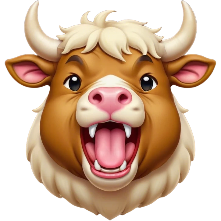 Cinematic Cute Yawning Domestic Bull Portrait Emoji, Head tilted slightly with a dramatic, wide-open yawn, showcasing a robust, muscular frame with a soft, downy coat and subtly drooping horns, round eyes barely open in drowsy contentment, Simplified yet irresistibly adorable features, highly detailed, glowing with a soft, cozy natural glow, high shine, relaxed yet expressive, stylized with a dash of rustic whimsy, soft glowing outline, capturing the essence of a sleepy yet affectionate domestic bull that seems ready to stretch out and settle for a nap! emoji
