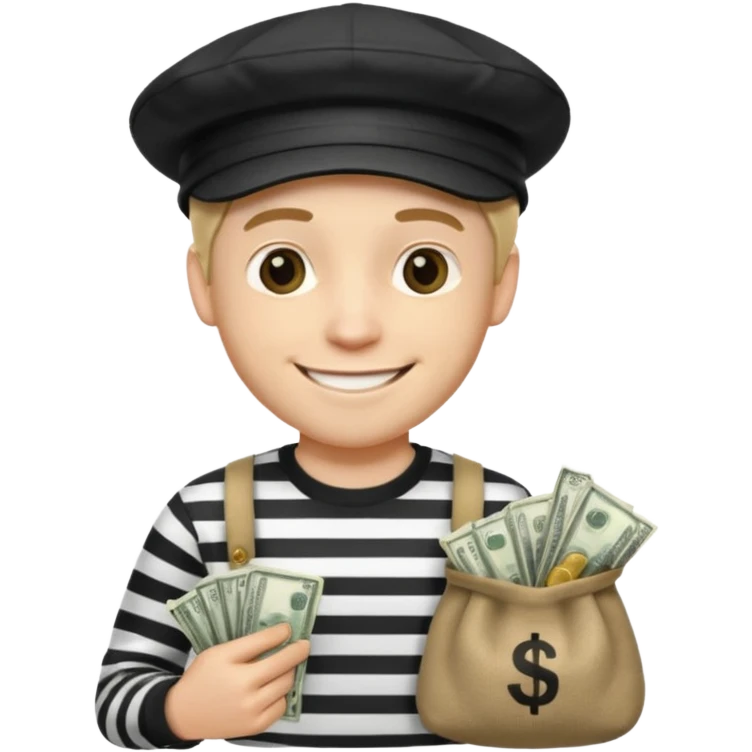 robber with 4 lines of black and white striped shirt and he has a money bag in his hand and a robber hat and he is smiling and he is white emoji