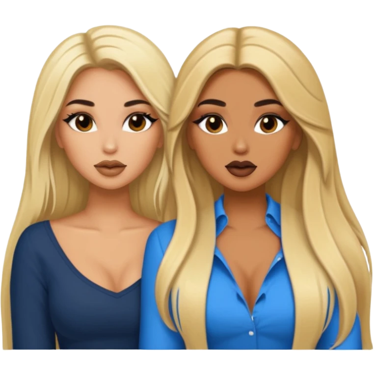 Boujy baddie best friends gossiping, one blonde, one brunette, long hair, trendy heavy makeup emoji