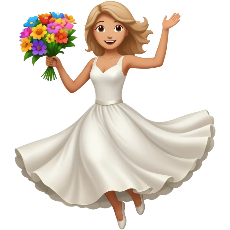 White woman, white wedding dress, happy, jumping, flowers, dreamy, colorful emoji