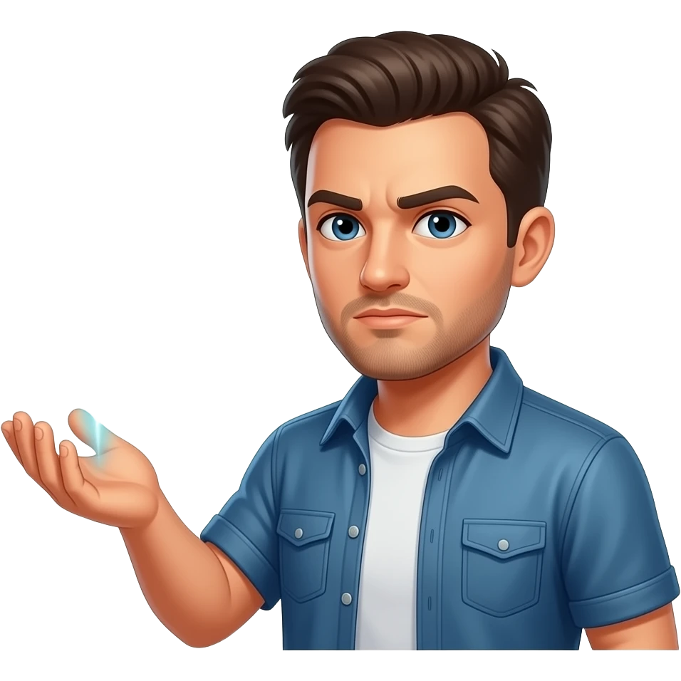 A informal man, hand with glowing magical flow holding a floating Facebook logo, looking at viewer with serious. Text on below: 'What's your topic, Ms. ?'. Shimmering gold energy, flat vector style, sharp edges emoji