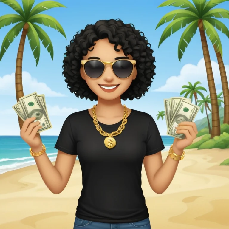 Mixed-race person with curly hair smiling, wearing black t-shirt, necklace and sunglasses, holding dollar bills in both hands, at beach with palm trees emoji