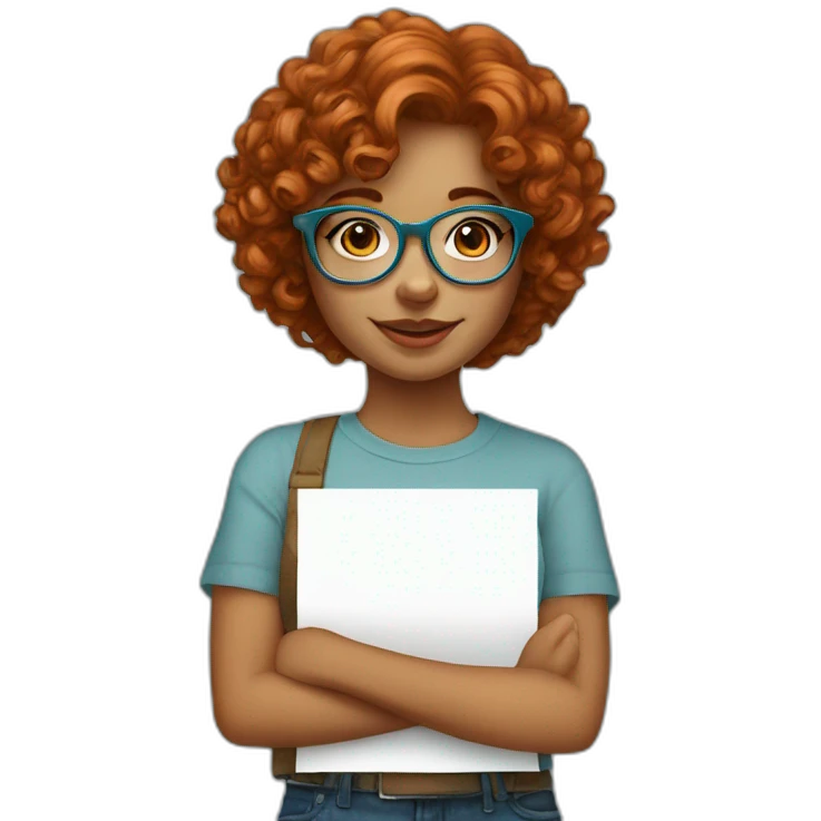 pretty girl with curly copper hair and blue glasses holding a big banner emoji