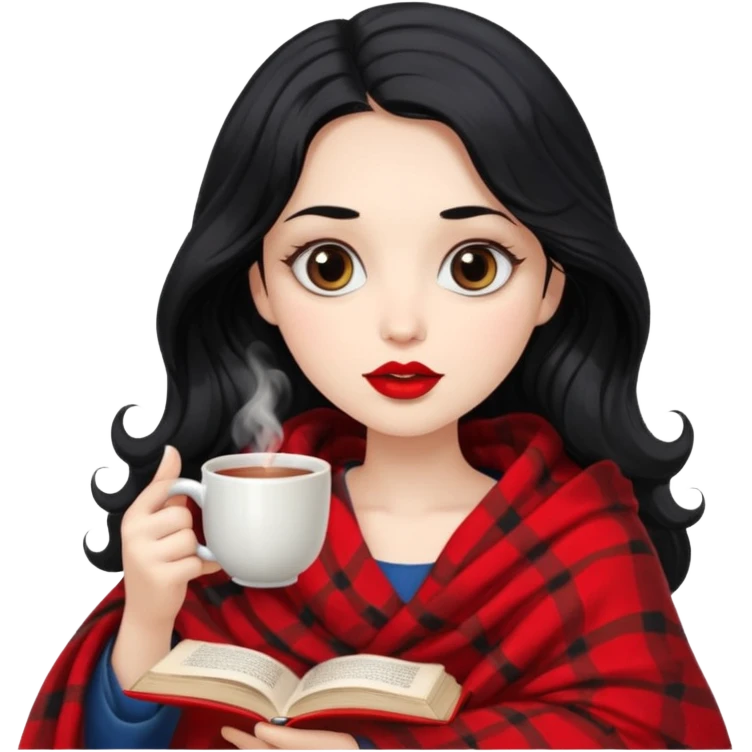 Long wavy Black haired, white skinned, dark big eyed girl with red lipstick wrapped in a blanket, sipping tea and reading a book emoji