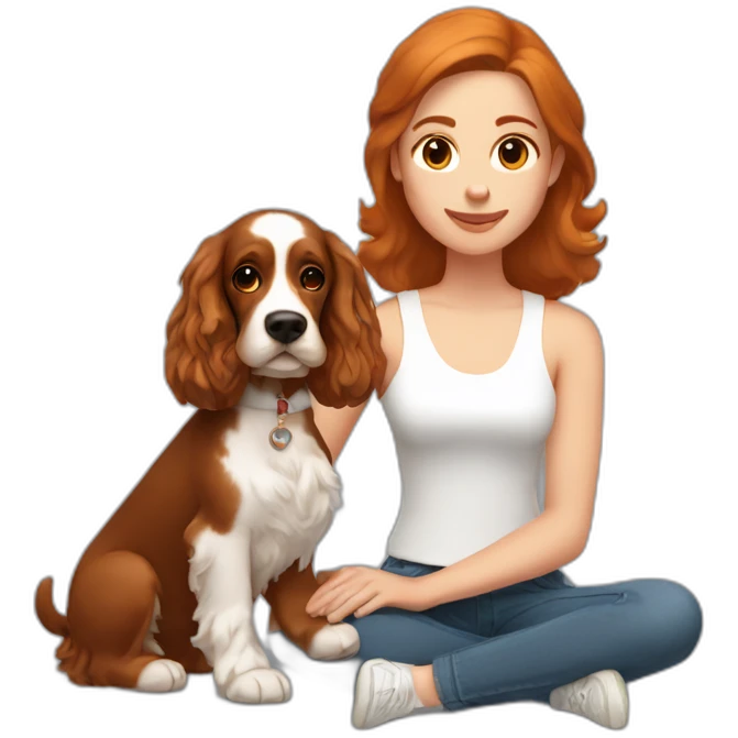 woman with dark brown hair in white singlet with ginger cocker spaniel on her lap emoji