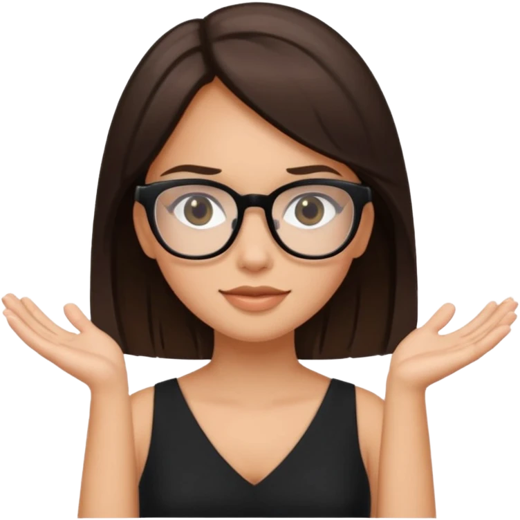 a cute white brunette girl in a black dress wearing glasses  with two hands  emoji