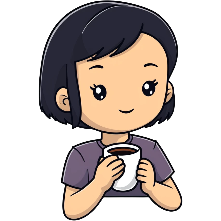 White girl with black hair with a cup of coffee emoji