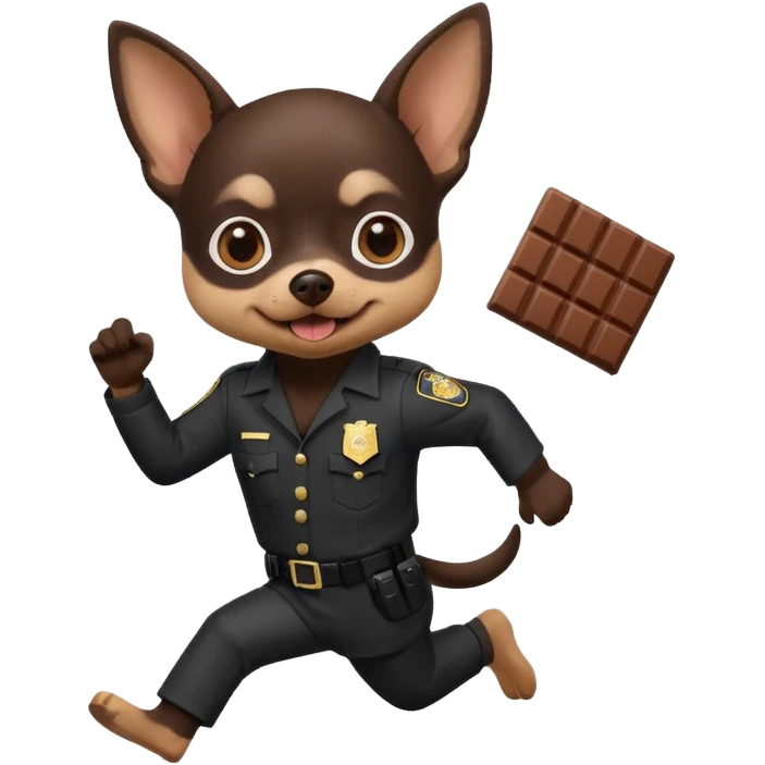 black chihuahua with white and black prison suit running from police with chocolate in its mouth emoji