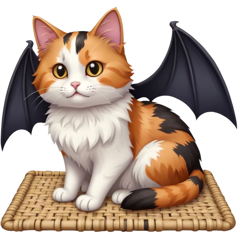 cat sitting on a mat with two bats flying nearby emoji