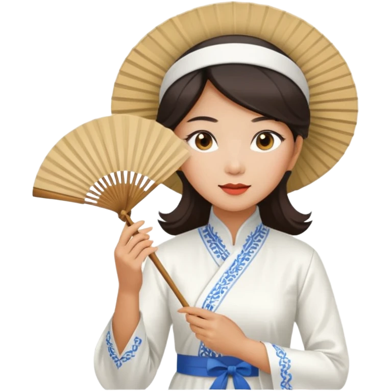 a vietnamese woman wearing a white ao dai holding a folding fan elegantly, wearing a nón lá emoji