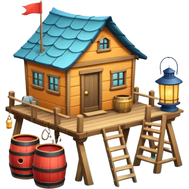 
fisherman house on a wooden pier, small dock, fishing nets hanging, barrels, lantern, ocean vibe, 3D cartoon, cute mobile game icon, clean background, no text
 emoji