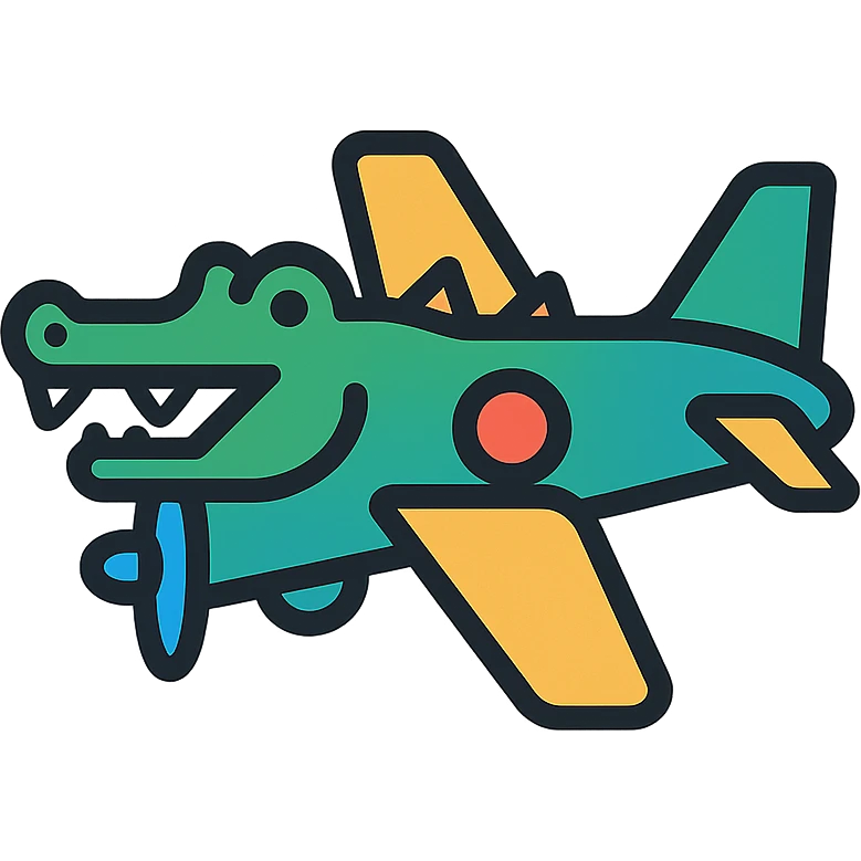 a war plane fused with a crocodile, bold illustrative style, vibrant colors, strong lines emoji