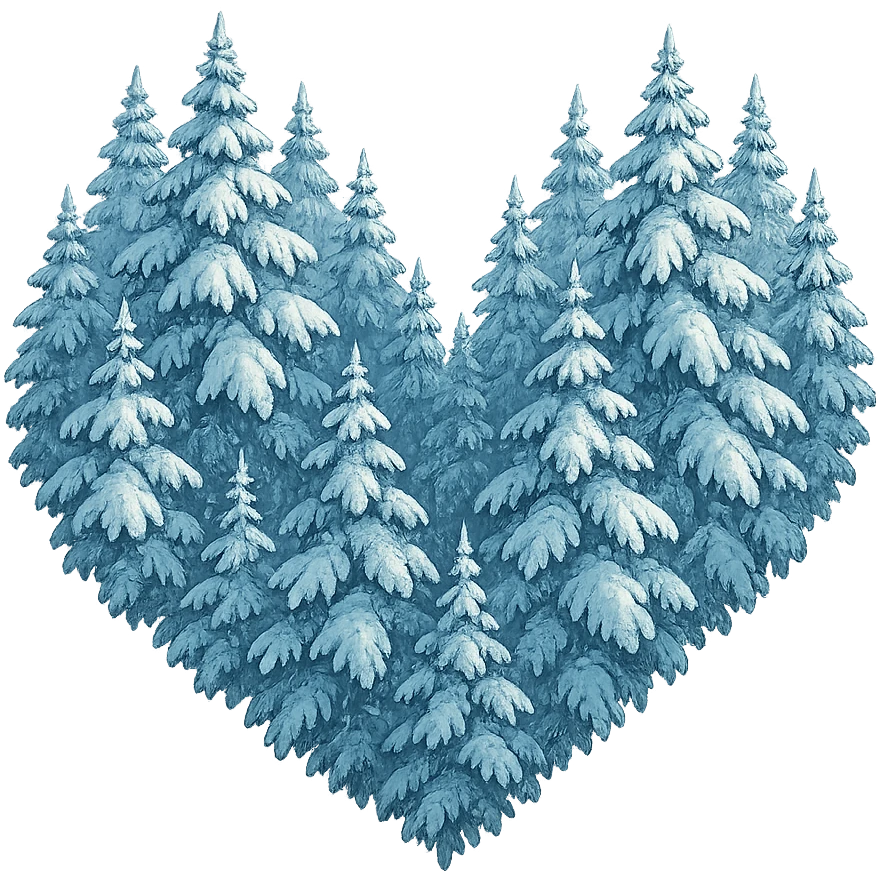 heart with a tranquil snowy spruce grove, clean digital illustration, no background emoji