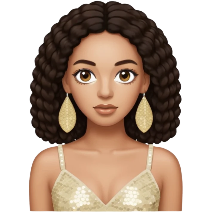 Solange with long dark brown hair, ivory sequin crop top, ivory earring emoji