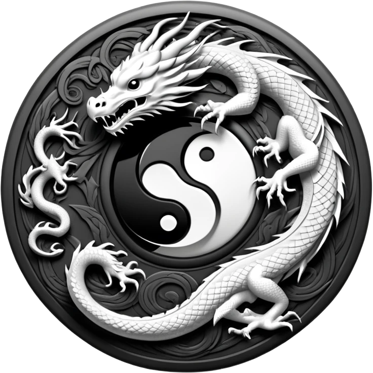 An icon symbolizing Eastern martial arts in the style of an emblem, featuring a black-and-white Yin-Yang symbol and a dragon at the center, surrounded by elements like a dojo. Transparent background highlights balance and power. emoji