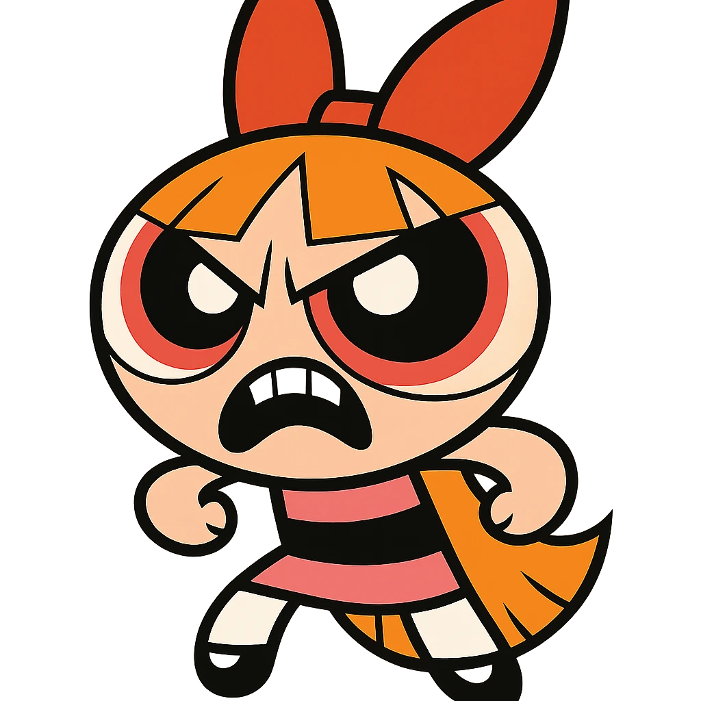 Blossom, cartoon girl with big eyes and a bow, inspired by Powerpuff Girls, scary menacing expression, vibrant cartoon style emoji
