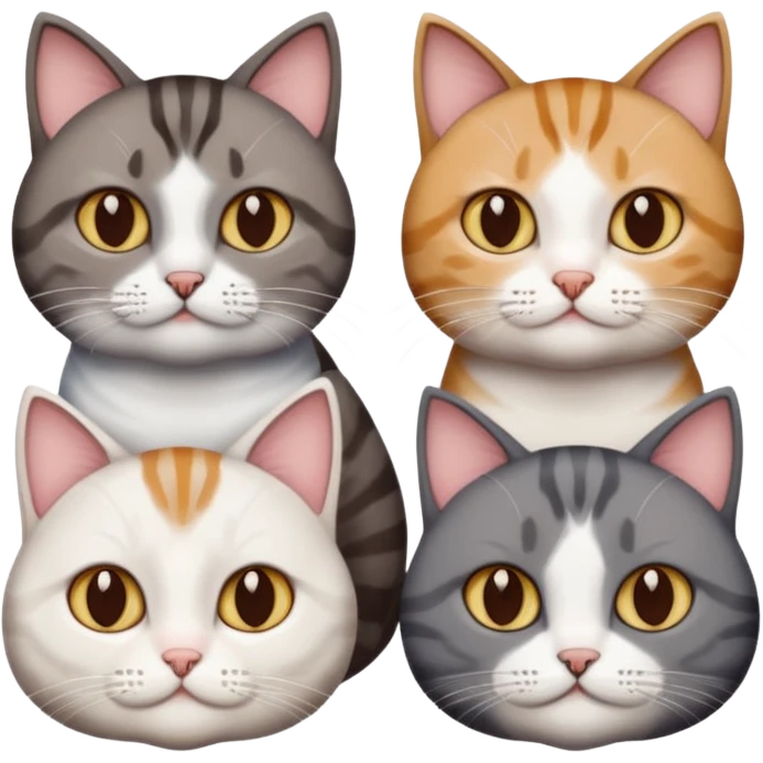 4 different coloured short haired cats including; a dark brown tabby and white cat, and a dark grey and white  emoji