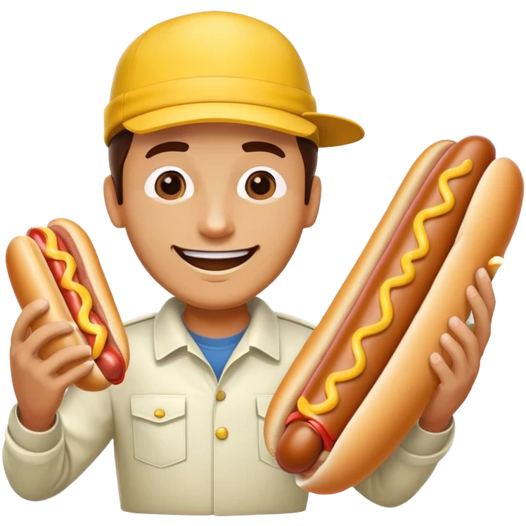 man wearing a yellow hat and jumpsuit eating a giant hot dog emoji