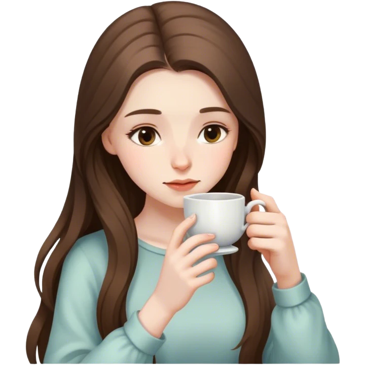 pale brunette girl with long hair looking down sipping tea emoji