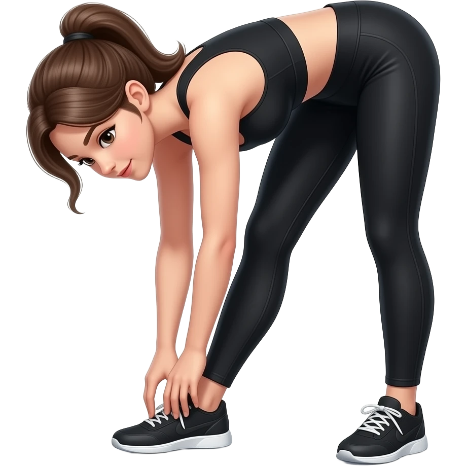 girl wearing all black workout top and blakc leggings standing and bending down to touch toes stretch emoji