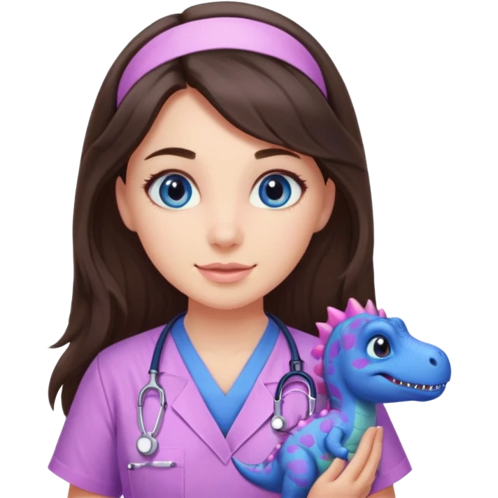 pretty brunette nurse with long hair and blue eyes in pink and purple dinosaur pattern scrubs emoji