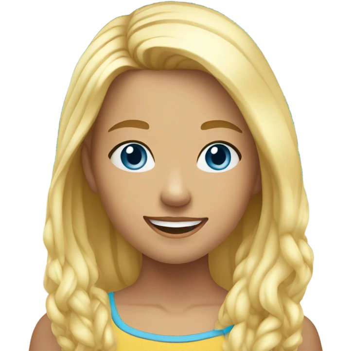 A young girl with blue eyes and blonde hair smiling standing in front of the beach emoji