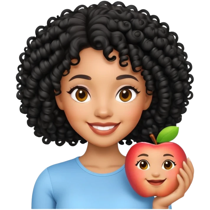 light skin Black woman with black curly hair, smiling, 3D Apple Memoji style emoji