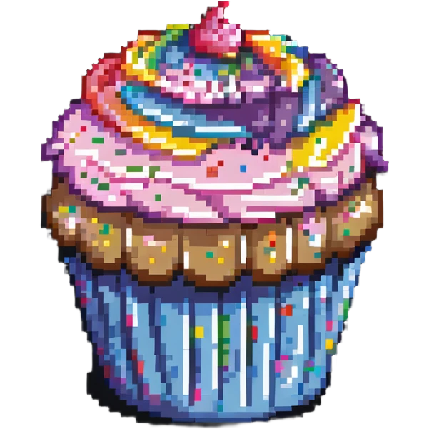 large cupcake with pink frosting covered in rainbow sprinkles in pixel art style emoji