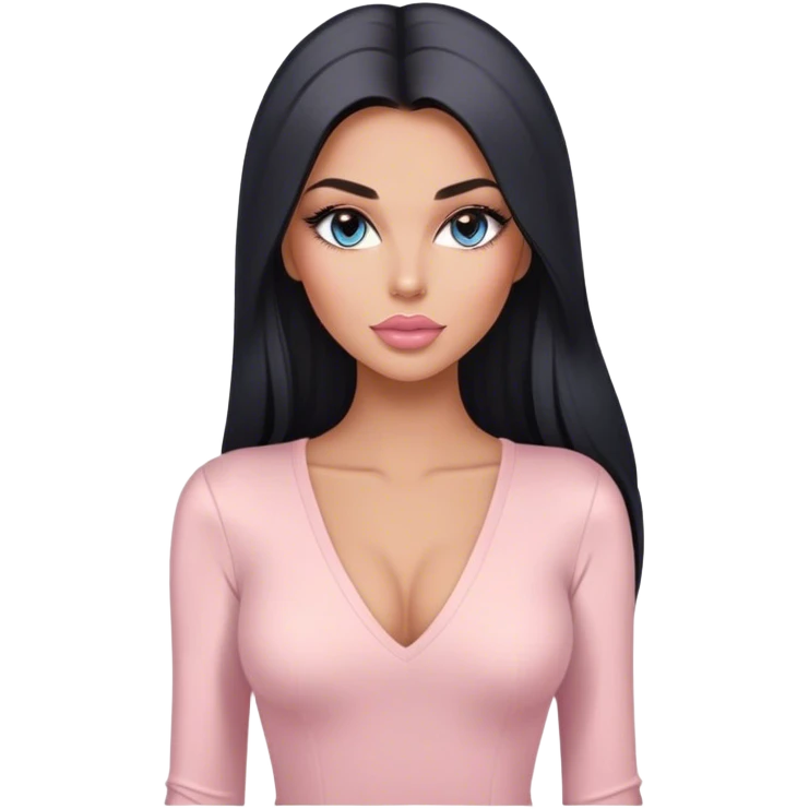Glamours, tanned, very beautiful girl, with big pump peach-beige-rose lips, long long lashes, black straight smooth silky long hair, straight parting hair, blue-grey eyes in light pink long-sleeves v-neck bodysuit emoji
