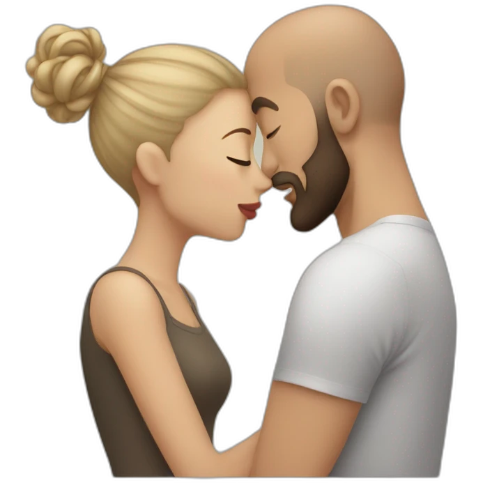 Brunette girl kissing a bald beard man emoji